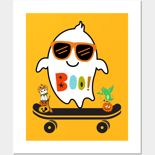 Ghost Skateboard Lazy Halloween Costume Funny Skateboarding Wall Art by BukovskyART